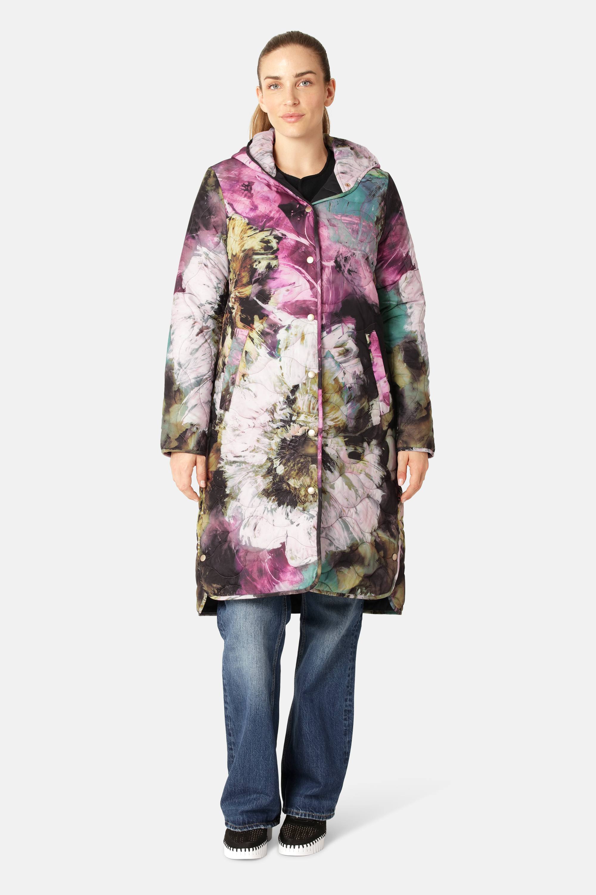 Lang Quiltet Frakke - Artistic Flower Print